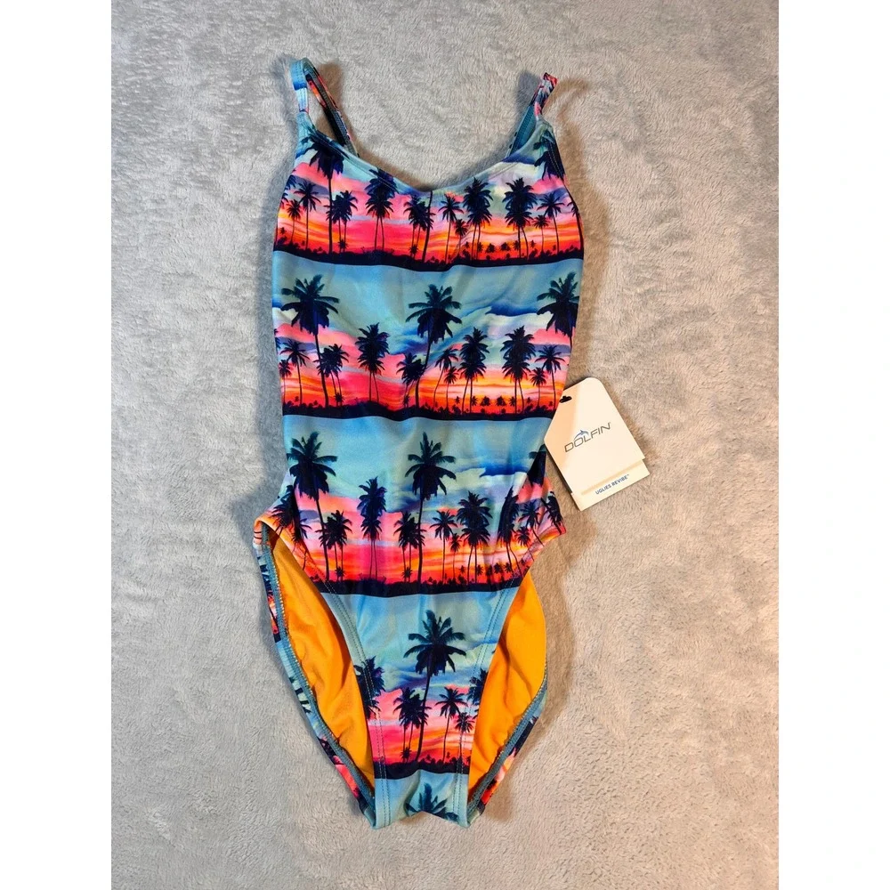 Dolfin Swimsuit Women Size 30 Turquoise Palm Trees Cross Back One Piece‎